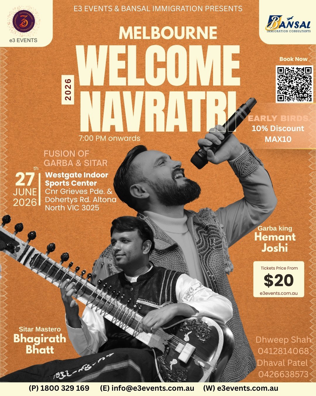 Poster for Welcome Navratri 2026 in Melbourne, with Hemant Joshi and Bhagirath Bhatt: 27 June 2026, 7:00 PM, Westgate Indoor Sports Centre, Altona North