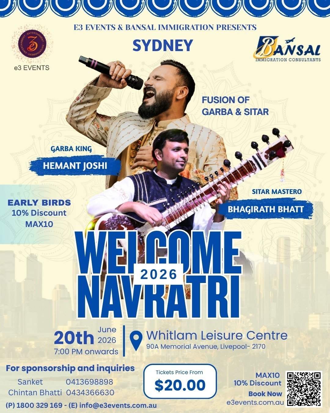 Poster for Welcome Navratri 2026 in Sydney, with Hemant Joshi and Bhagirath Bhatt: 20 June 2026, 7:00 PM, Whitlam Leisure Centre, Liverpool